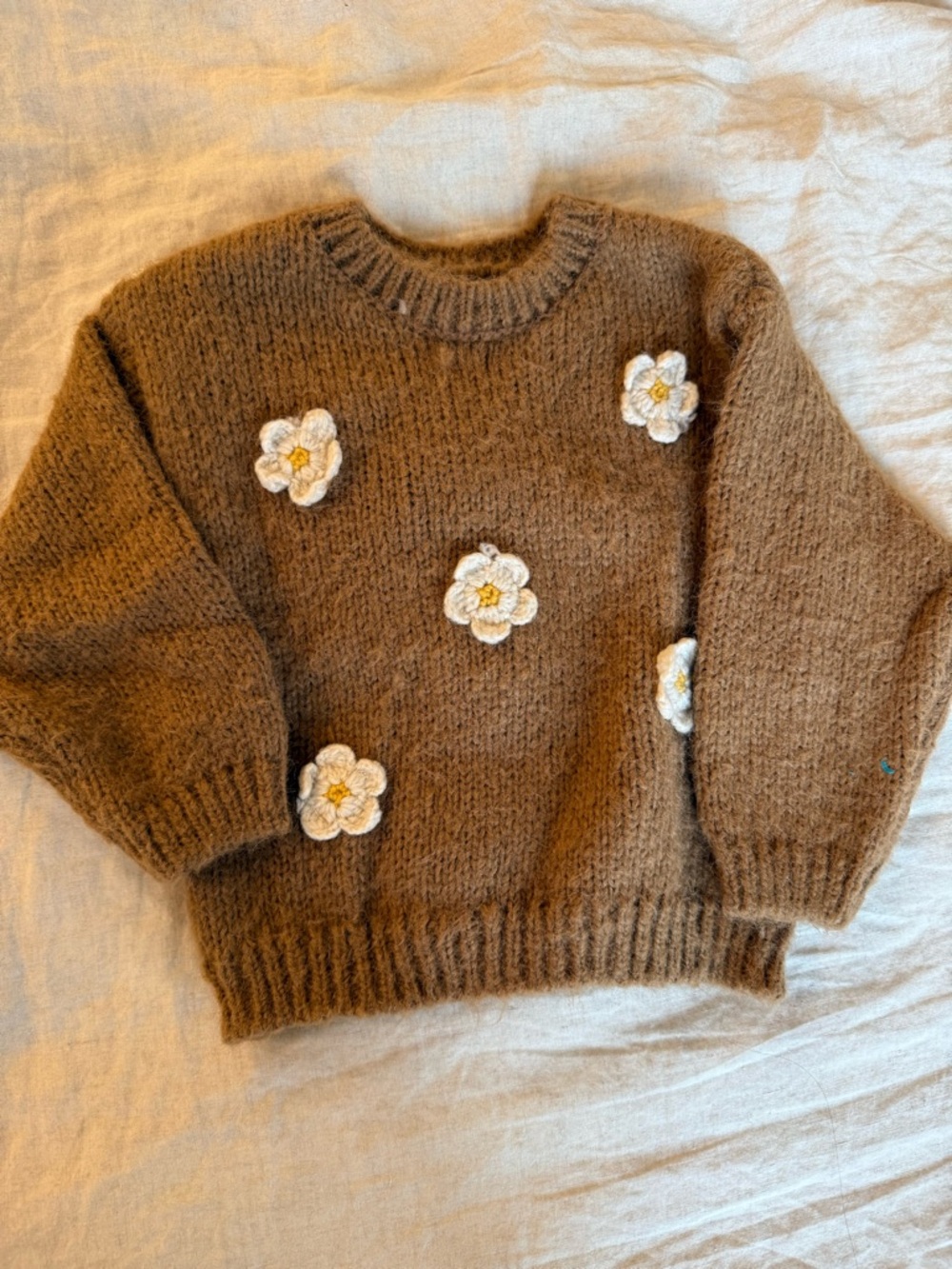 Zara Brown Crewneck Sweater with White & Yellow Floral Appliqués